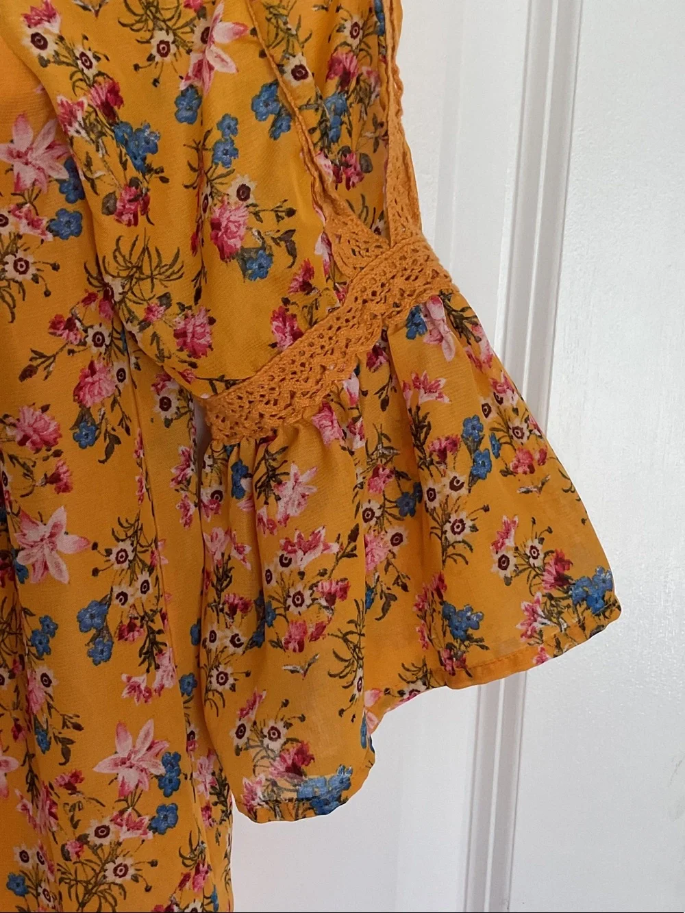 Knitworks Mustard Floral Cold-Shoulder Blouse
